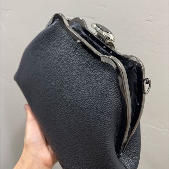 Black Togo Cowhide Leather Handmade Custom Metal Frame Handbag & 2 Strap Styles - Picture 14 of 16